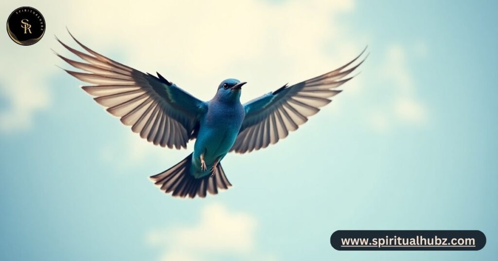 Bluebird flying between earth and sky symbolizing a bridge between heaven and biblical truths