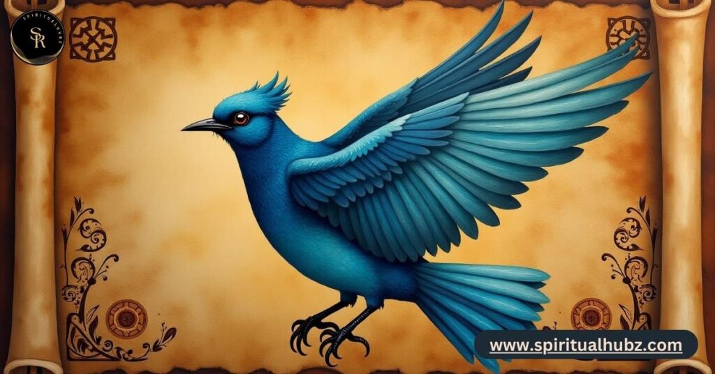 Bluebird surrounded by Native American patterns and biblical symbols reflecting its deep spiritual significance