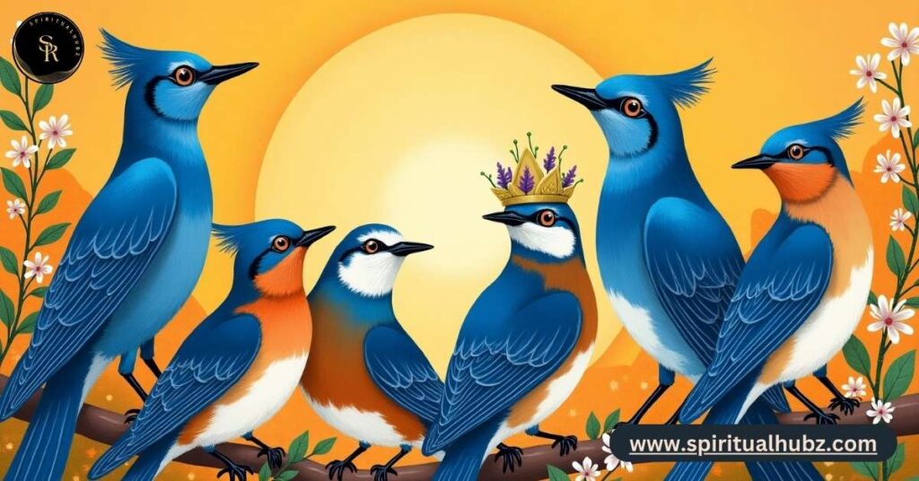 Illustration of bluebirds in global spiritual and cultural artworks symbolizing joy and transformation