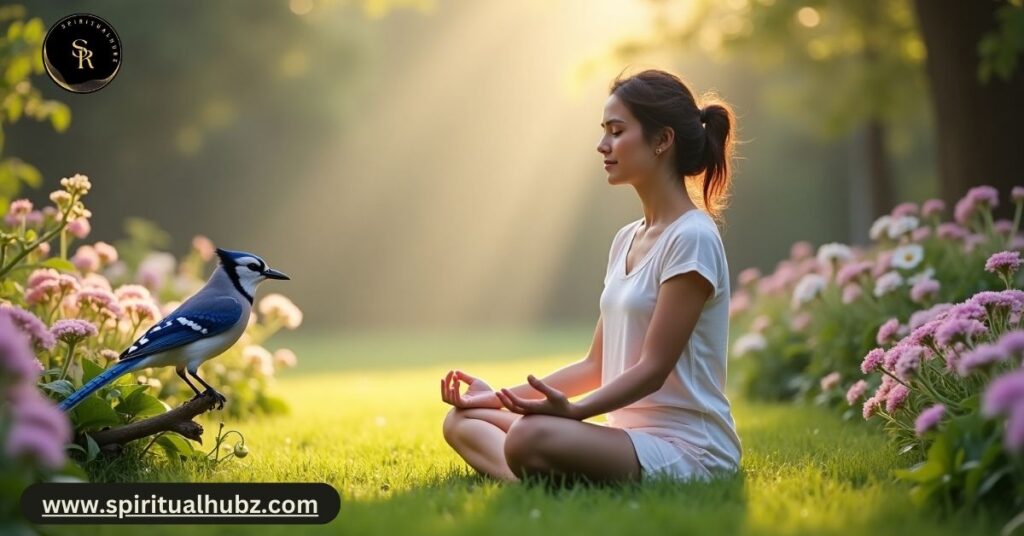 Spiritual person observing a Blue Jay in their garden during meditation