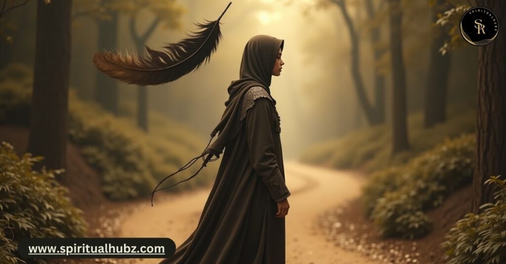 Person seeing black feather at crossroads symbolizing spiritual guidance