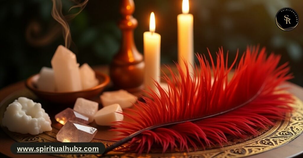 A red feather on a meditation altar with crystals, candles, or incense