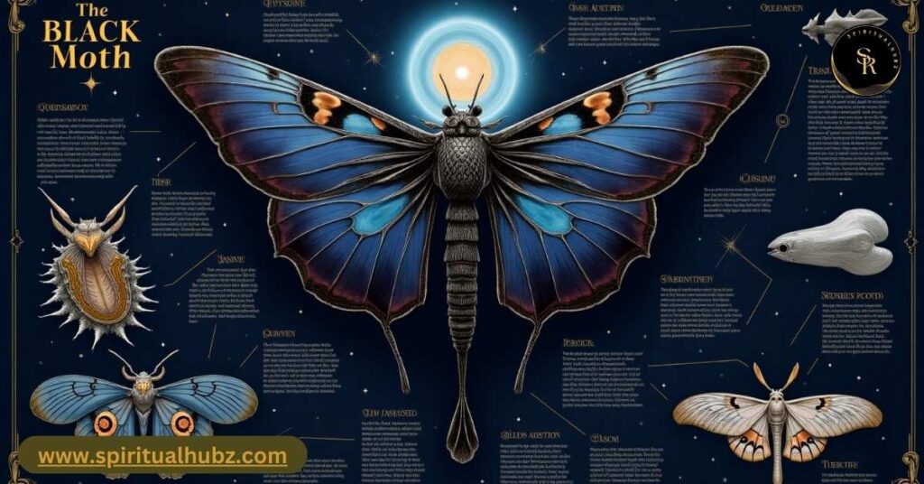 Scientific infographic of black moth illustrating symbolic interpretations and psychological impact