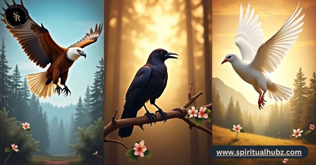 Various symbolic birds in Christian and spiritual traditions including eagle, raven, and dove