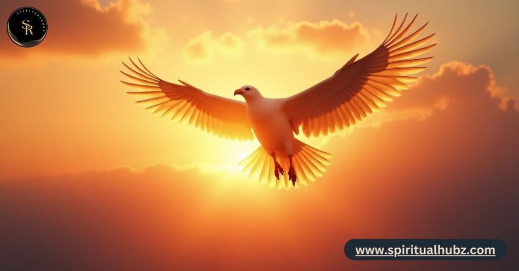 Bird flying into the sky representing blue bird meaning, transcendence, and divine communication