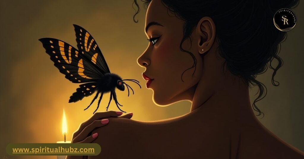 Black Witch Moth landing on a window symbolizing ancestral messages and life transitions