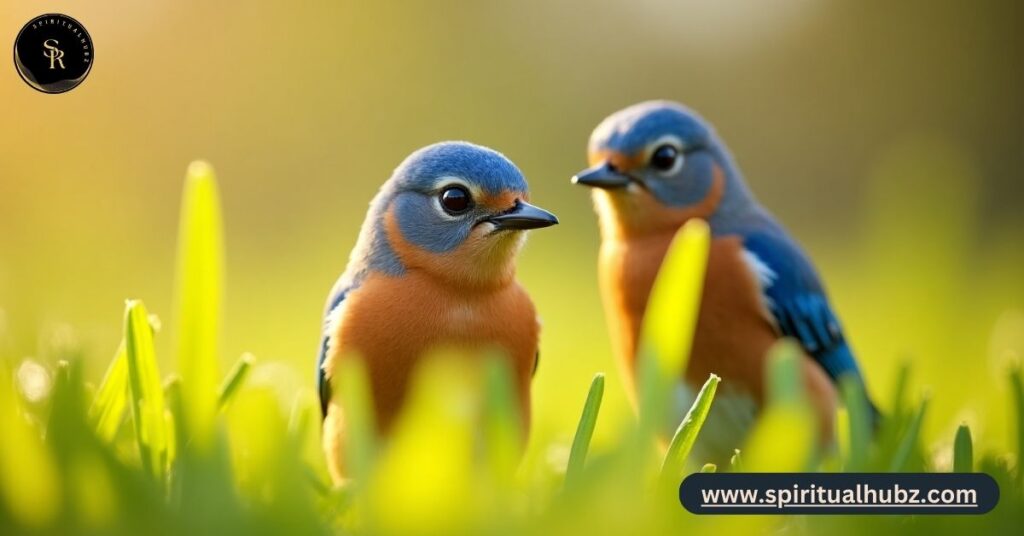 Eastern bluebird in a meadow singing during spring, representing renewal and happiness