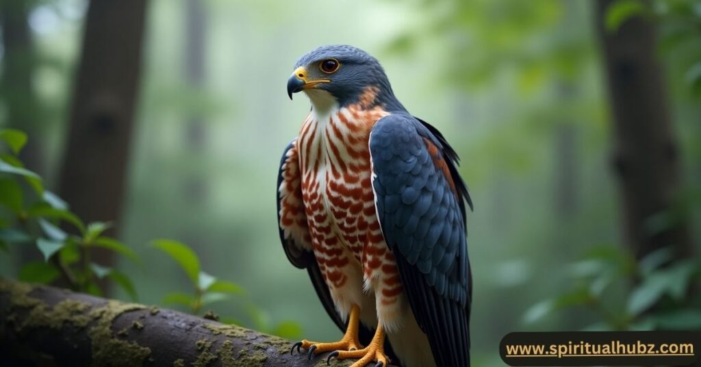 Adult Cooper's Hawk perched in woodland showing red-barred chest and slate-blue back for identification