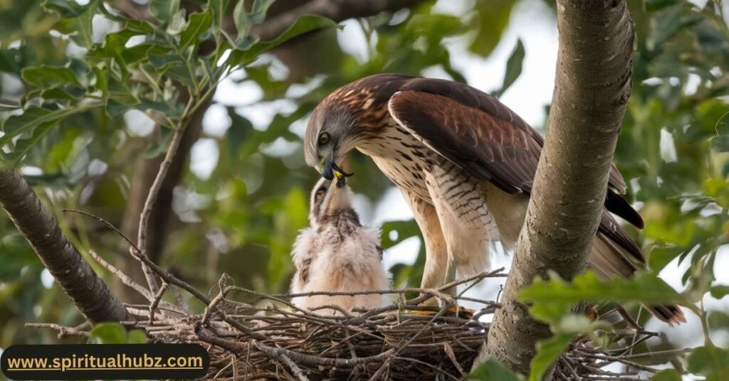 Cooper's Hawk feeding chicks in tree nest during breeding season