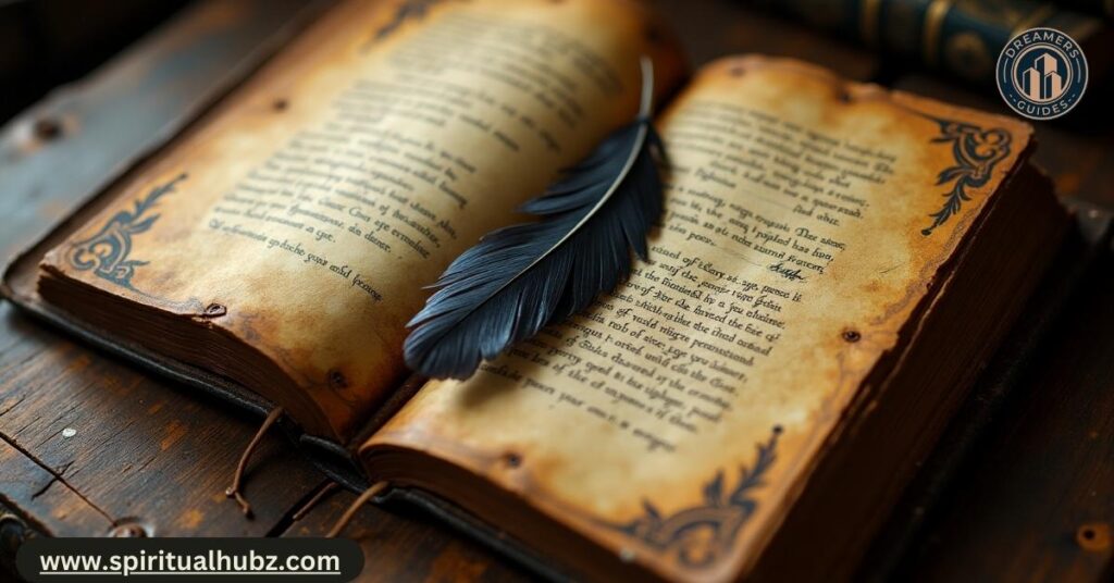 Ancient book with crow feather bookmark, hinting at biblical and mythological symbolism.