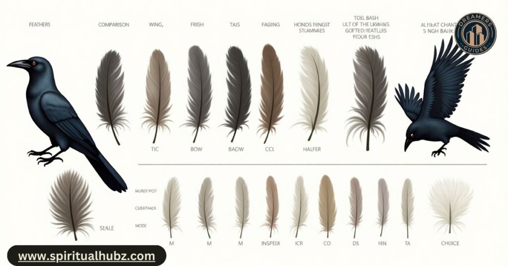 Side-by-side comparison of small and large crow feathers for identification purposes