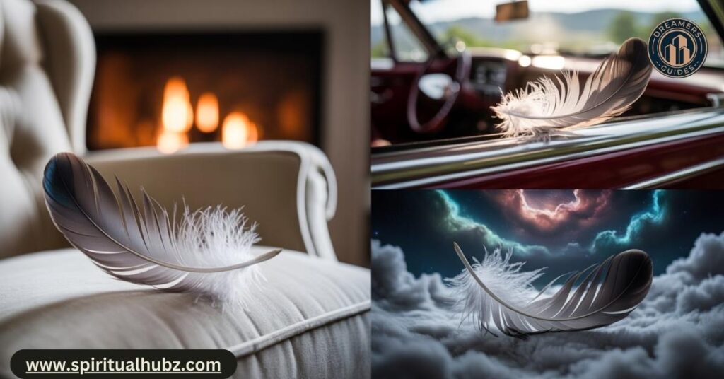 Different places where a grey feather appears: home, car, path, dream—each with unique spiritual meanings