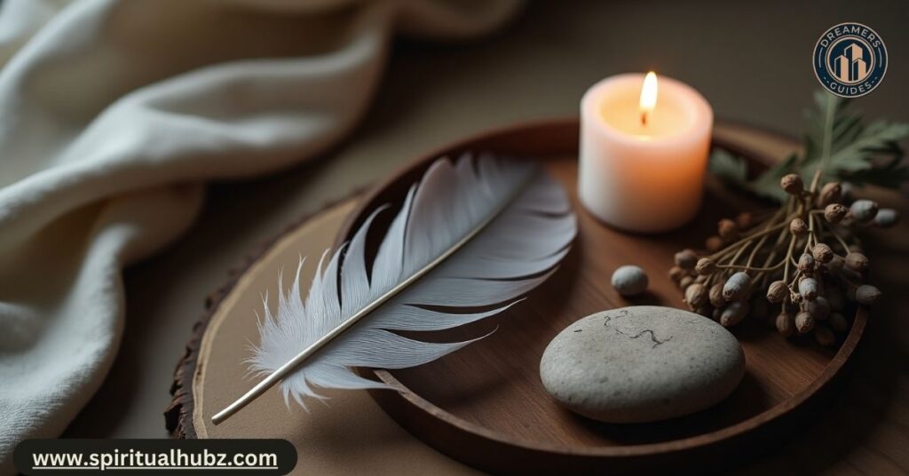 Person meditating with a grey feather, applying spiritual wisdom in daily life.