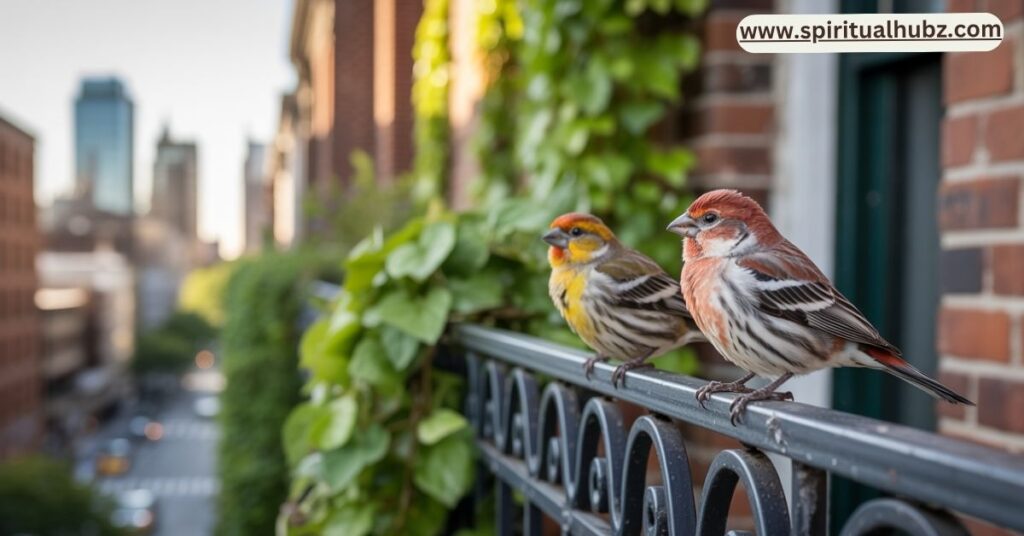House Finch pair in urban garden reflecting adaptability and spiritual symbolism in 2025