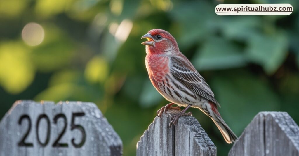 Male House Finch with red plumage perched on fence, representing spiritual meaning in 2025