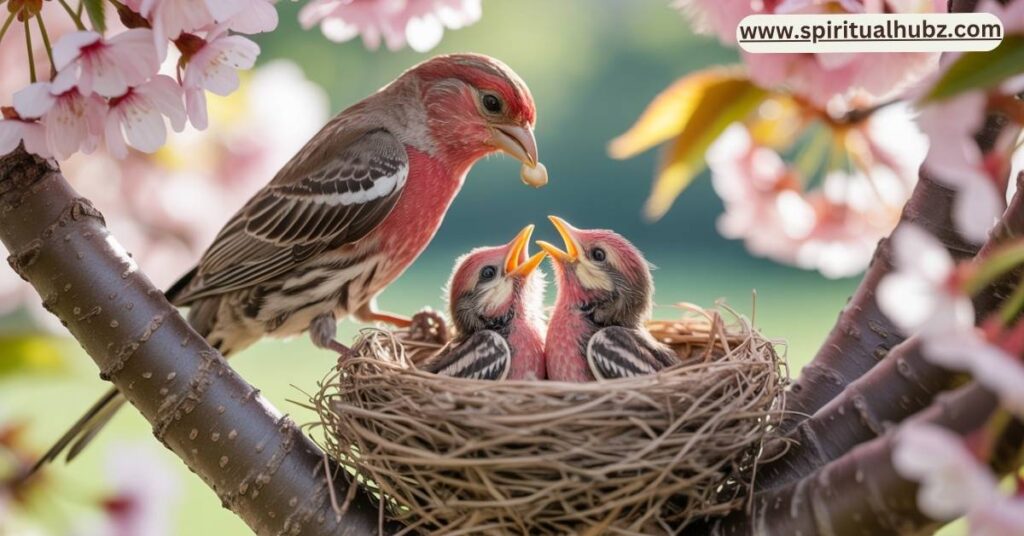 House Finch feeding young in nest symbolizing healing and resilience
