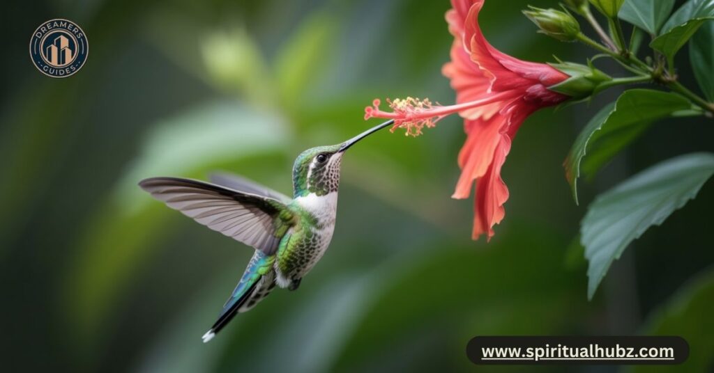 Hummingbird feeding with fast wing motion, demonstrating the agility and behavior traits that influence symbolism