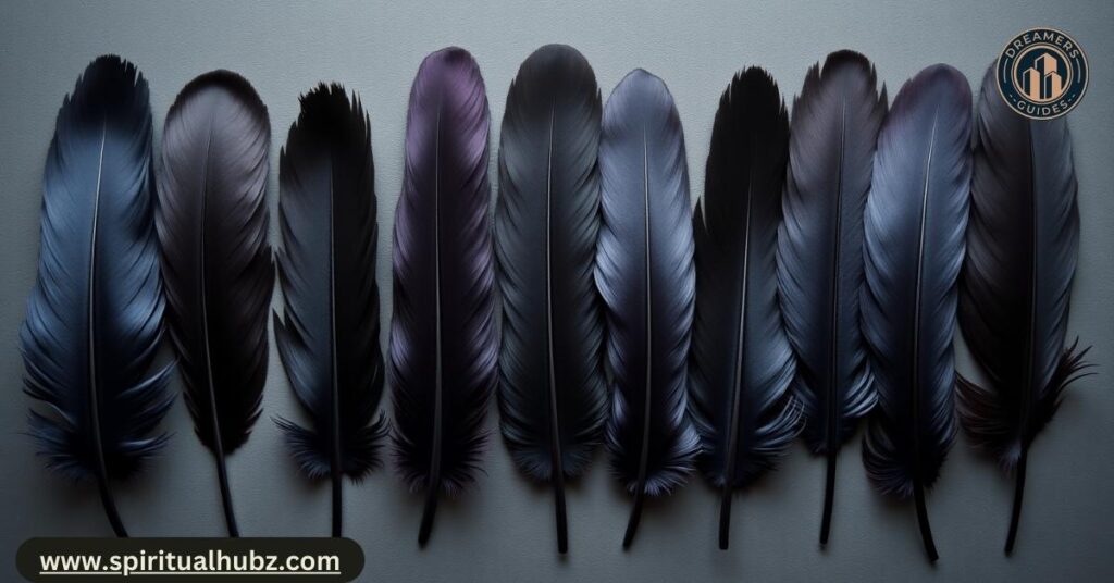 A variety of crow feathers spread out on a white background showcasing different textures and shades.