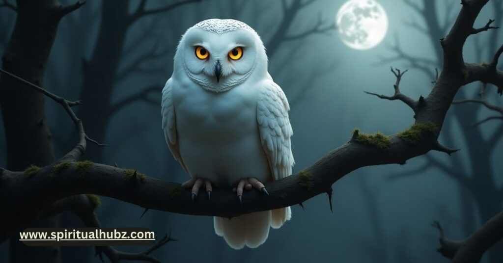 White owl perched at night symbolizing transformation and divine messages