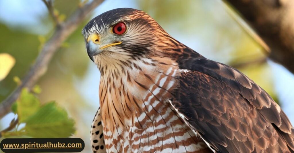 Close-up of Cooper's Hawk with piercing red eyes and sharp beak, a skilled avian predator
