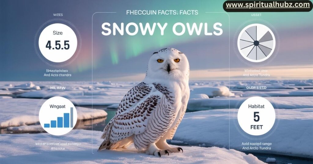 Infographic with white owl facts including size, lifespan, and hunting habits