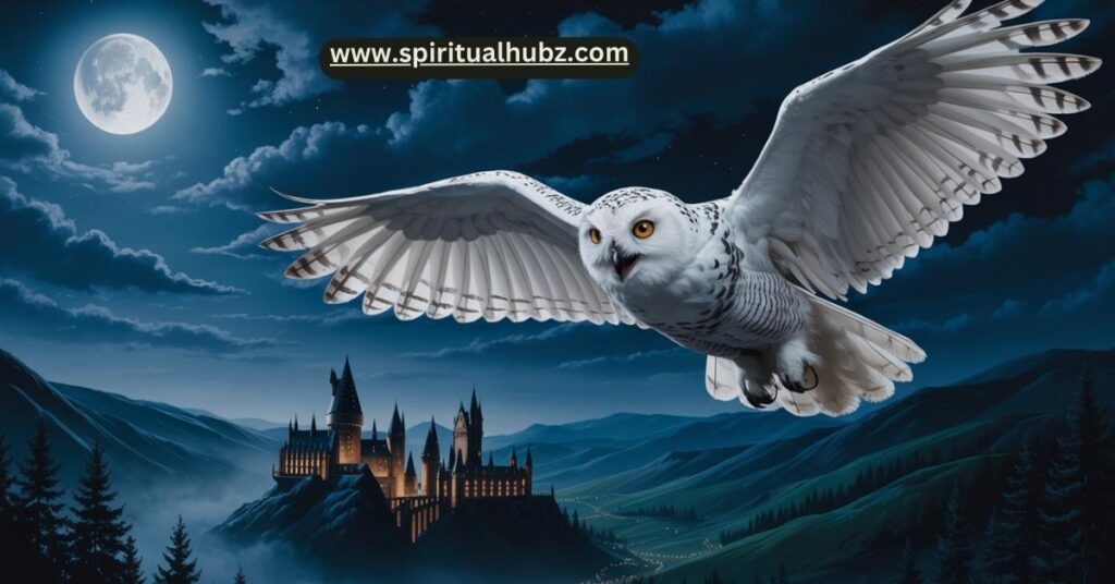 White owl in pop culture, symbolizing wisdom and magic through characters like Hedwig