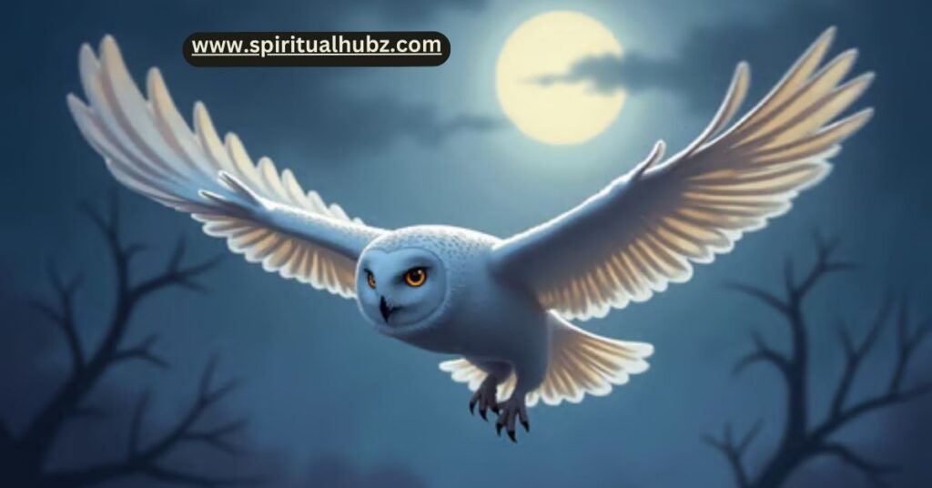White owl totem flying through the night as a symbol of intuitive guidance