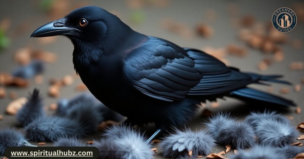 Crow perched mid-molt with fallen feathers around, showing natural shedding process