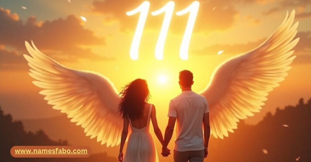 111 angel number meaning in love and life – couple walking toward a glowing 111 in a sunrise sky with angel wings