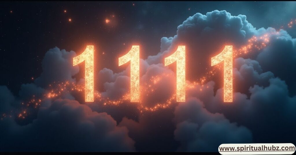 Glowing 1111 angel number in a celestial sky symbolizing a powerful spiritual message from the universe in 2025