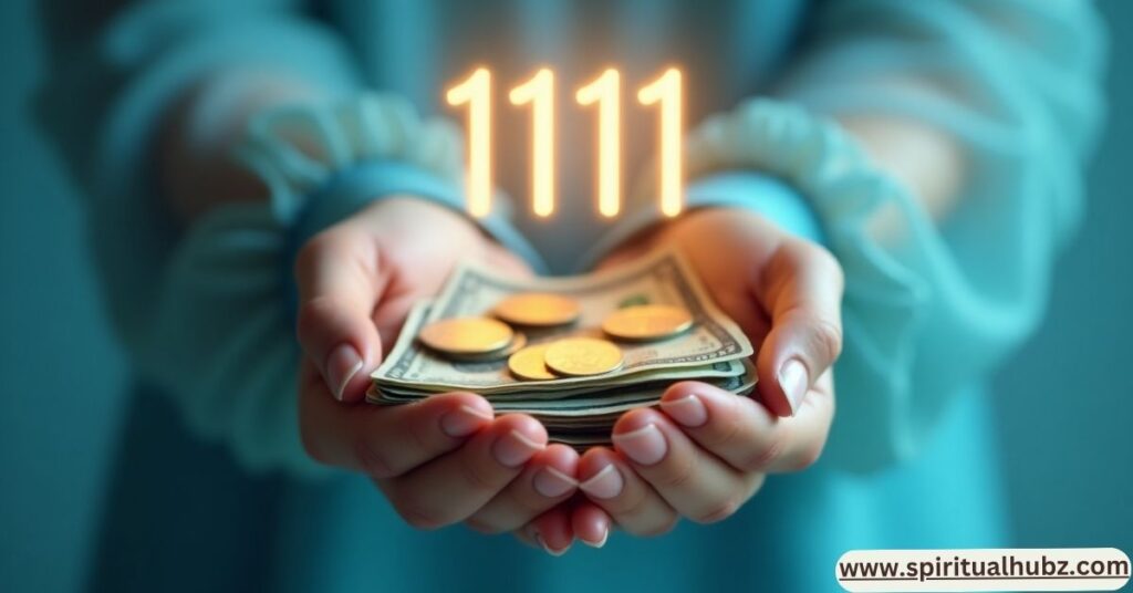 Hands holding glowing coins with 1111 symbolizing financial growth, abundance, and a message aligned with the 2222 angel number meaning