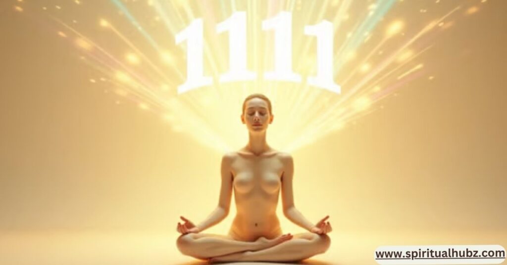 Person meditating with angel number 1111 symbolizing spiritual awakening, intuition, and the 2222 angel number meaning parallel