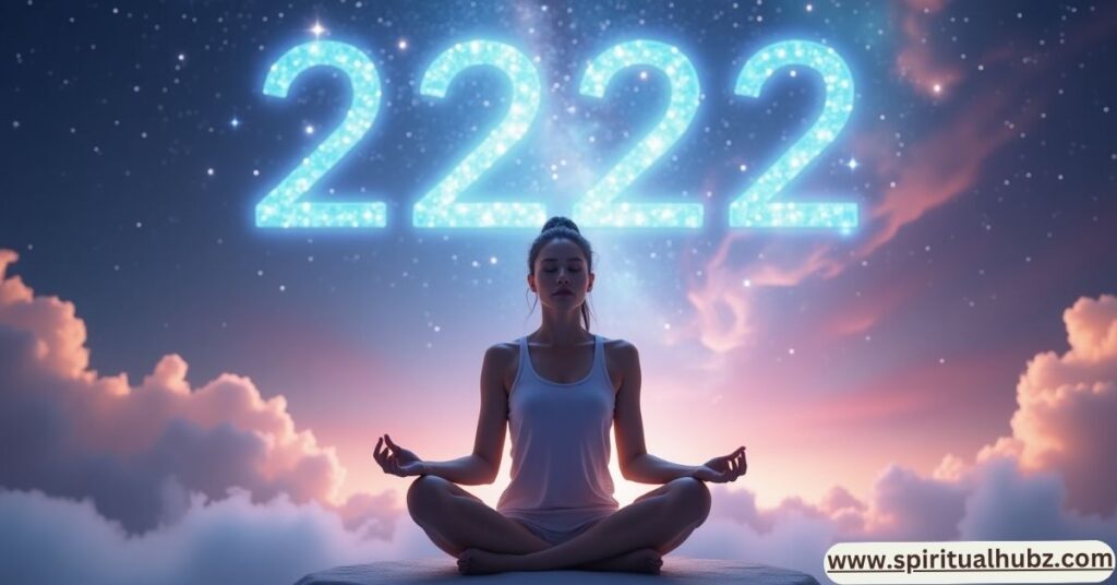 Person meditating beneath a starry sky with glowing 2222 angel number, symbolizing spiritual awakening and life purpose guidance