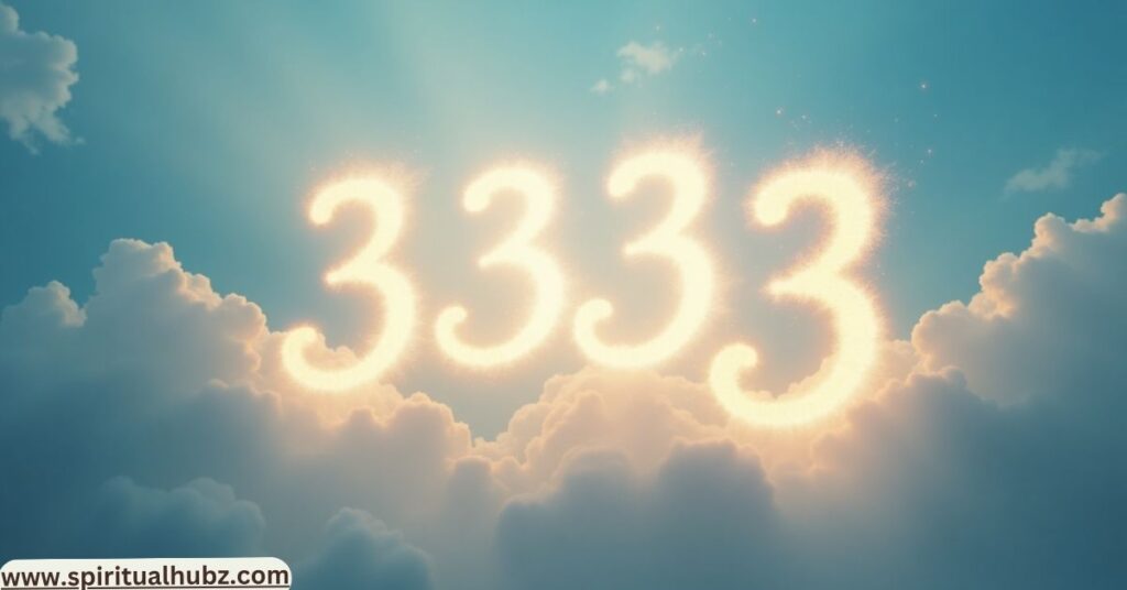 Illustration of glowing 3333 in the sky symbolizing divine guidance and the spiritual meaning of angel number 3333