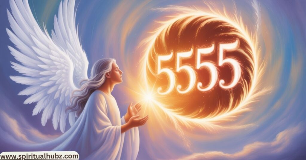 Angel glowing with energy, symbolizing change and transformation linked to 5555 Angel Number Meaning
