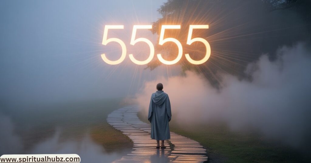 Person at crossroads enlightened by angel number 5555, symbolizing spiritual awakening and personal transformation
