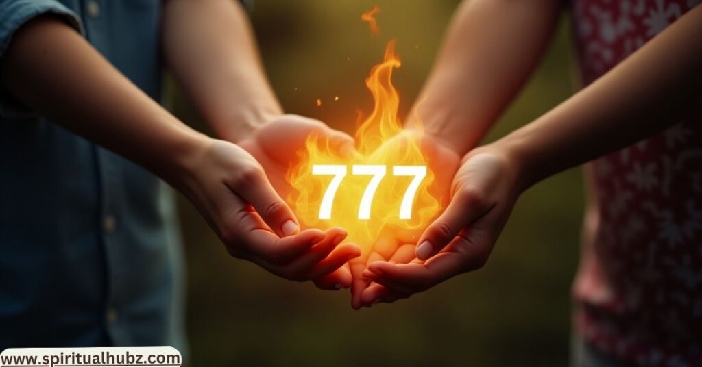 Twin flames or soulmates connected by divine energy symbolized by angel number 7777