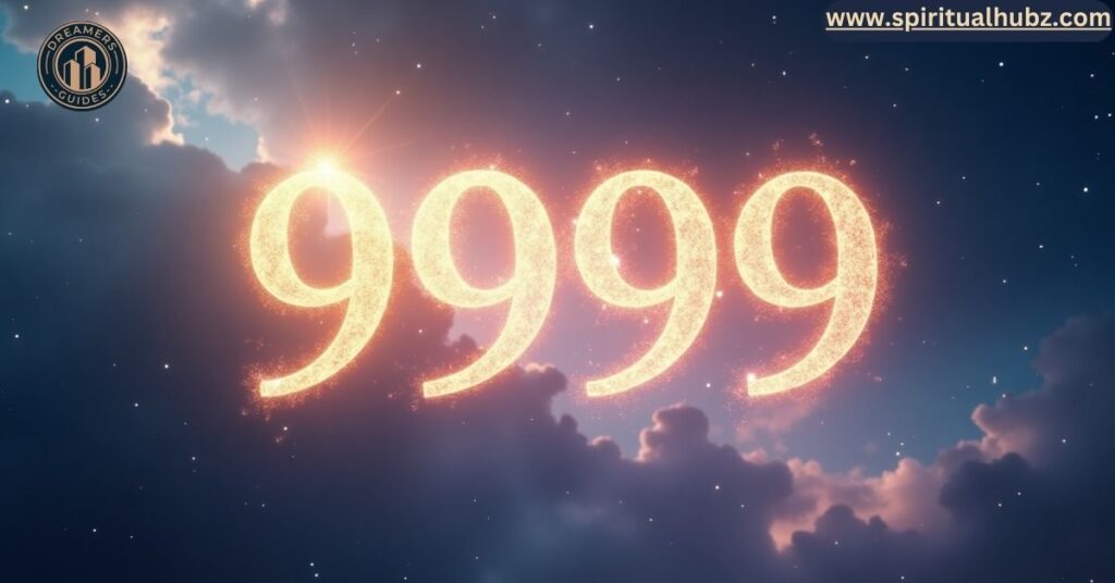 Spiritual depiction of 9999 angel number with divine light and celestial energy