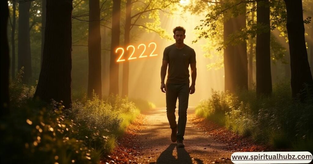 Individual walking life path guided by 2222 angel number signs, symbolizing spiritual direction and personal alignment