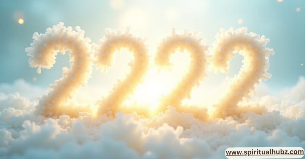 Glowing 2222 angel number surrounded by divine light, representing balance, harmony, and angelic communication