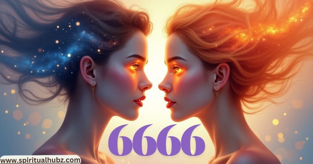 Artwork of twin flames connected by angel number 6666 energy symbolizing reunion, healing, and divine timing