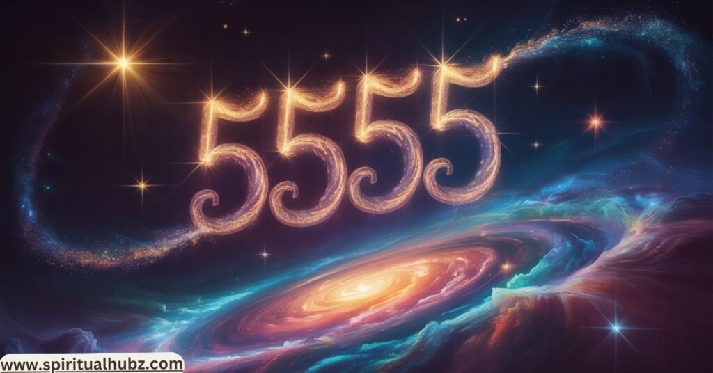 Starry night with angel number 5555 in the sky representing divine guidance and 5555 Angel Number Meaning