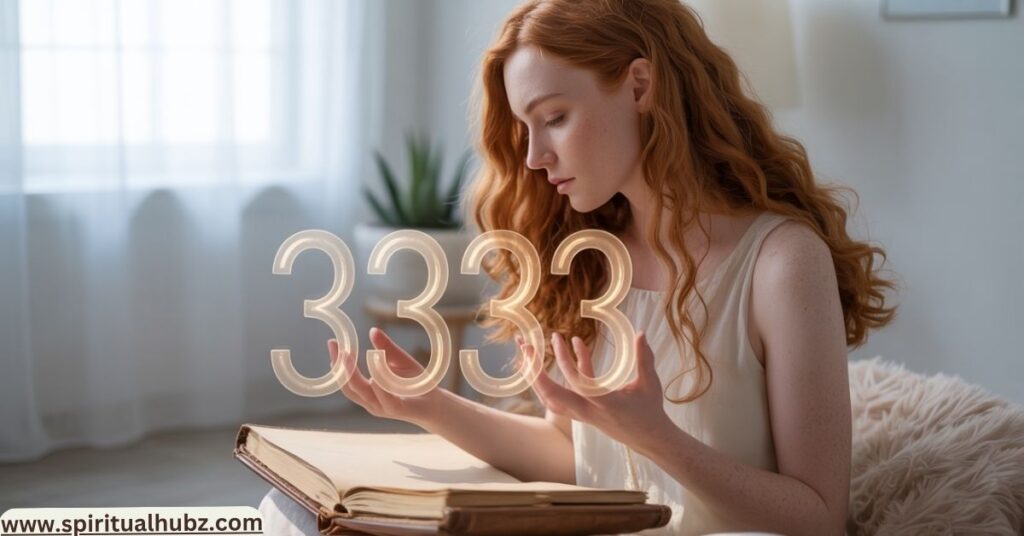 Individual meditating with the 3333 angel number subtly appearing, encouraging inner alignment and spiritual action