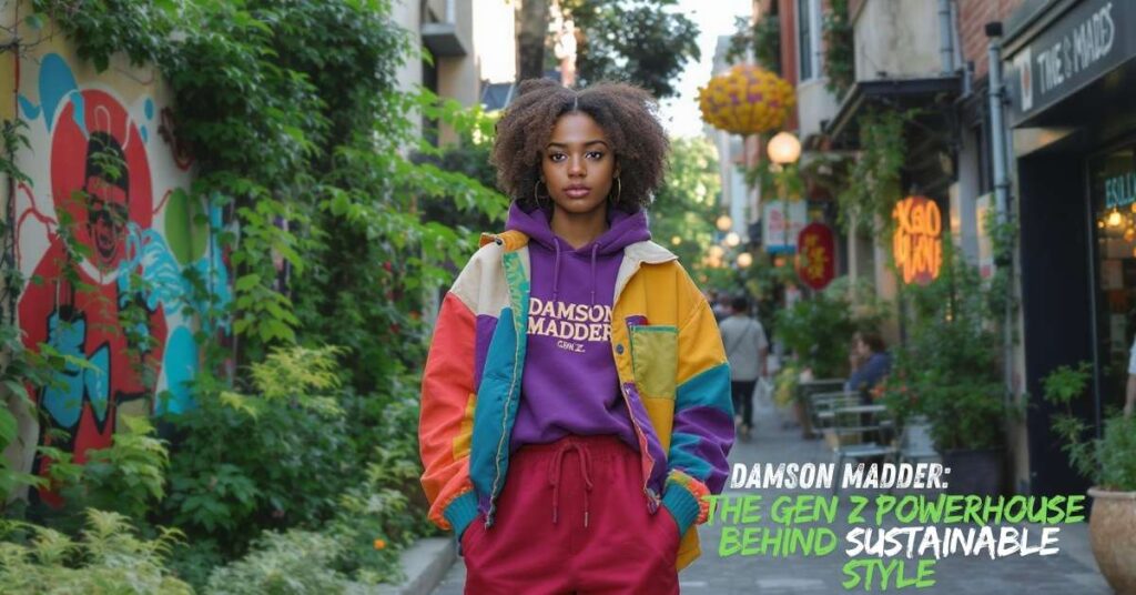 Gen Z model wearing sustainable Damson Madder outfit in vibrant street-style fashion