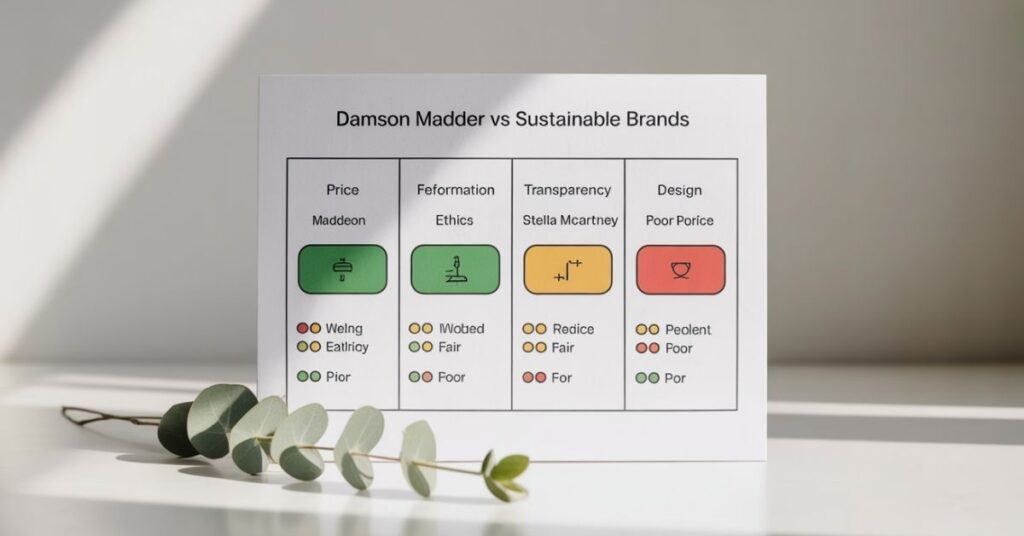 Comparison chart of Damson Madder with Reformation and Stella McCartney highlighting sustainability and affordability
