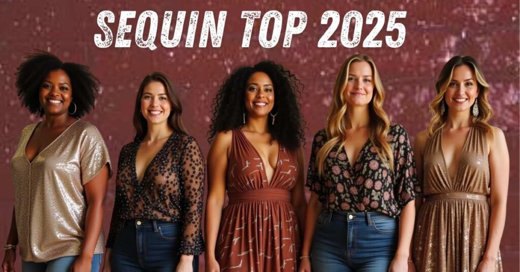 Diverse women wearing sequin tops styled for various body types 2025