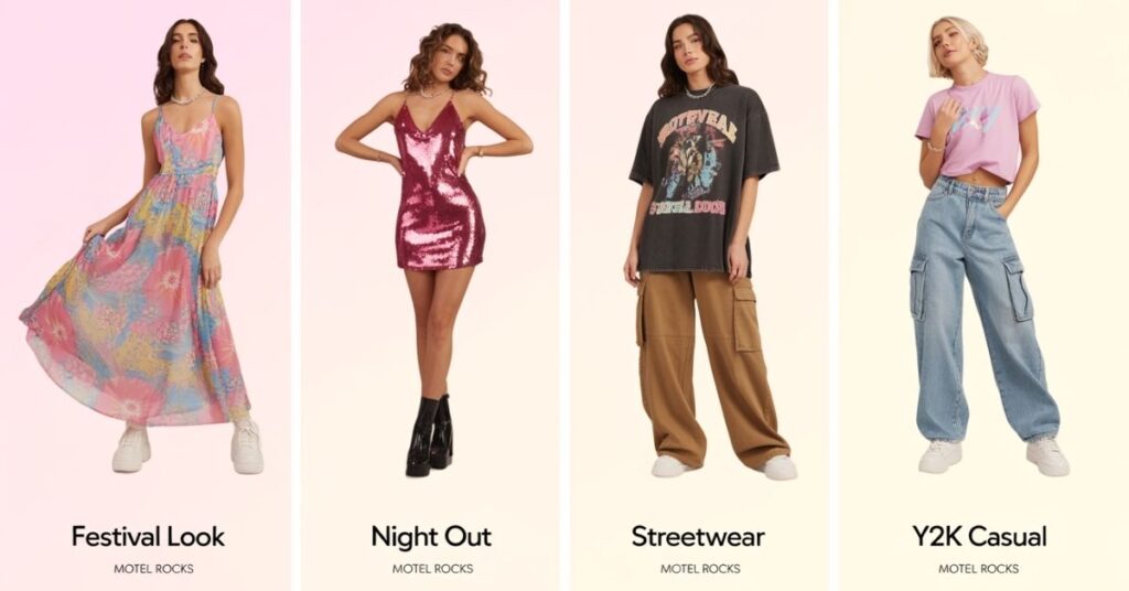 Motel Rocks outfit styling ideas including co-ords, dresses, and Y2K casual wear