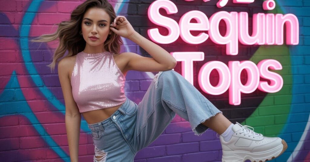 Gen Z woman in a pink sequin crop top and high-waisted jeans, casual street style 2025